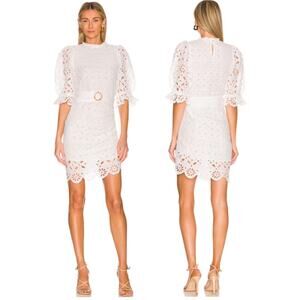 Place Nationale La Feuille Linen Puff Sleeve Belted Minidress White Eyelet 1 NWT